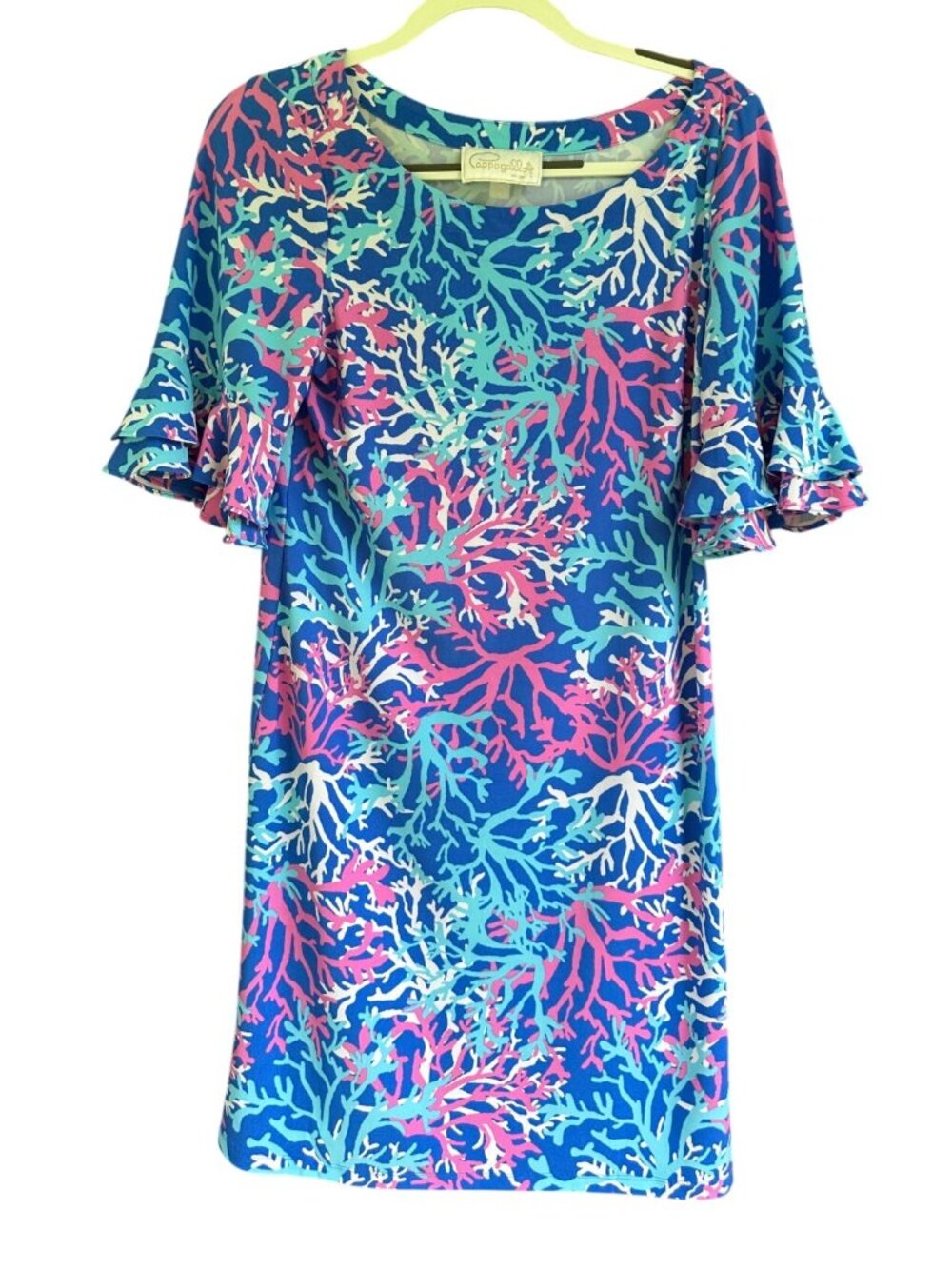 Cappagallo Coral Reef Print Dress Size Medium Blue Pink Ruffle Sleeve Shift Dres